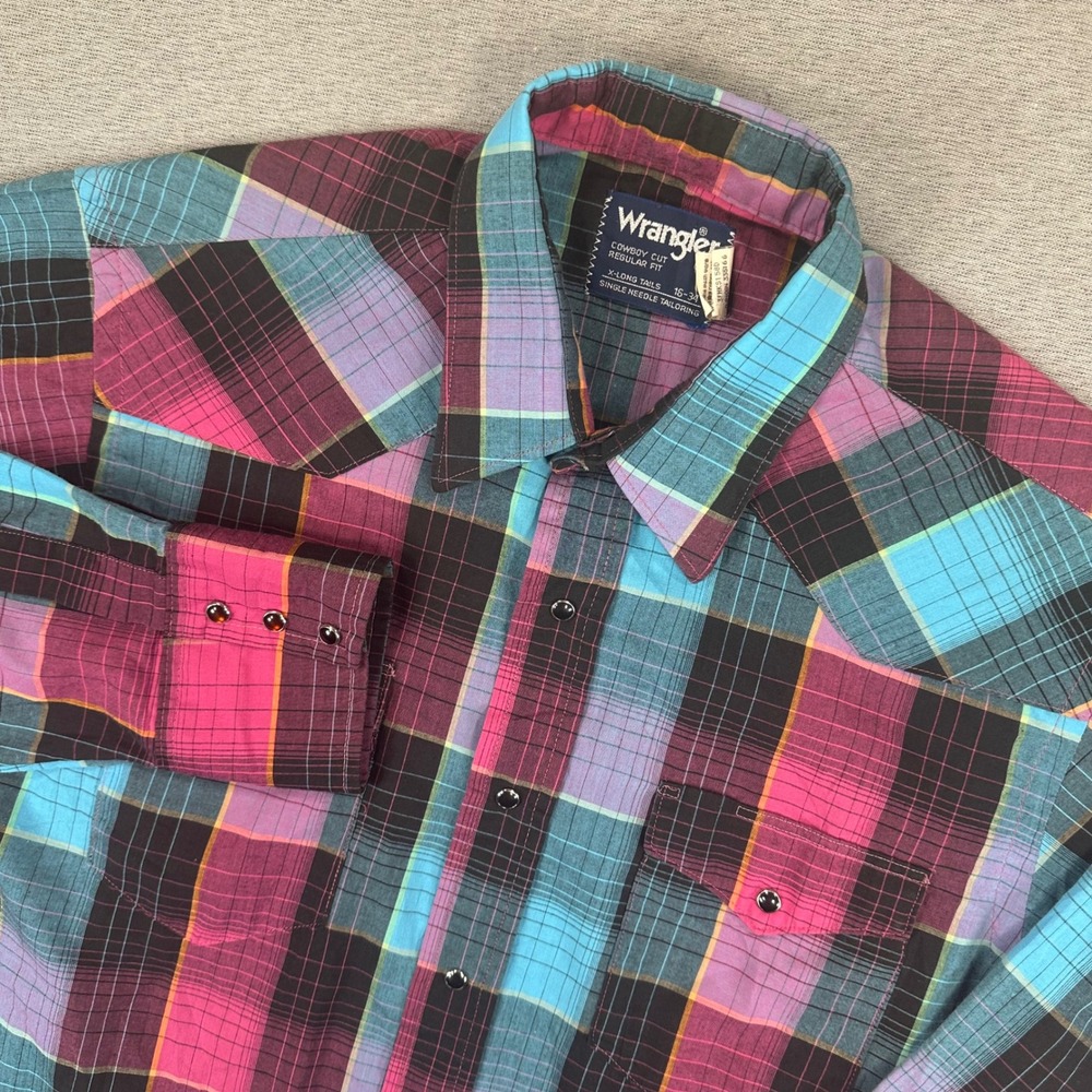 VTG Wrangler Pearl Snap Shirt Mens 16-34 Cowboy Cut‎ Western Pink Blue Retro USA